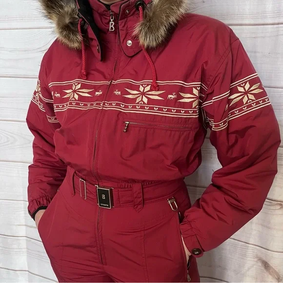 Vintage Bogner One-Piece Embroidered Ski Suit Fur Trimmed Hood Burgundy Sz 10 - Picture 3 of 16